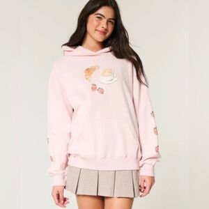 Hollister 🥐 Women’s Pink Oversized Café Graphic Hoodie Croissant Tik Tok Medium